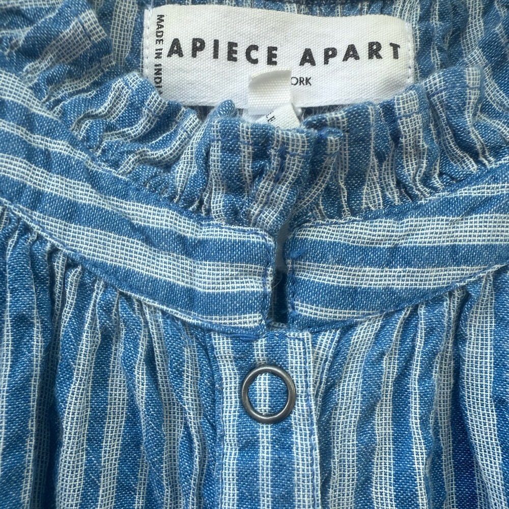 Apiece Apart Los Altos Top Blue Seersucker Stripe Puff Sleeve Henley - Picture 4 of 13